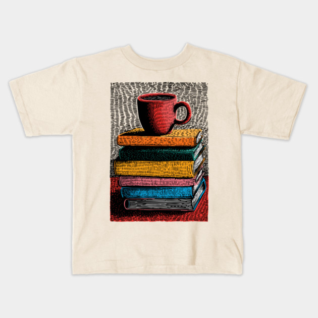 Books and Coffee | Cozy Reader Woodcut Illustration Kids T-Shirt by TuncGK