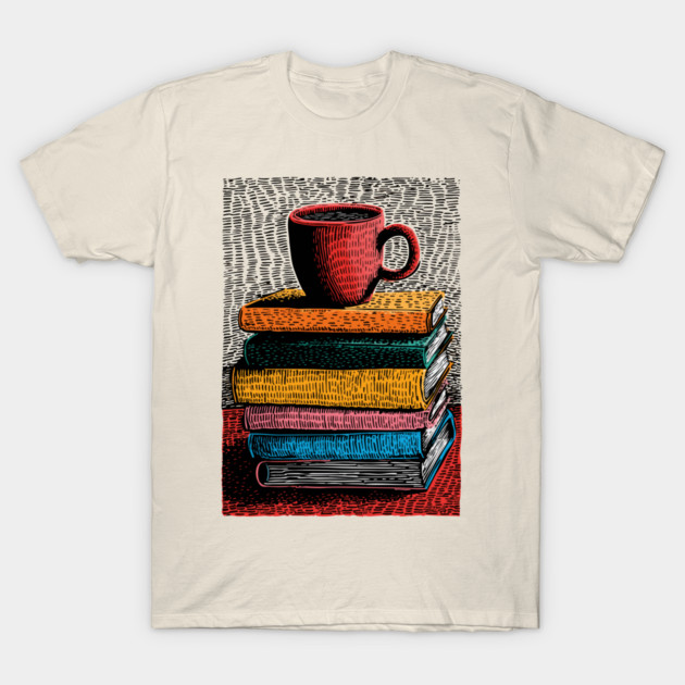 Books and Coffee | Cozy Reader Woodcut Illustration T-Shirt by TuncGK