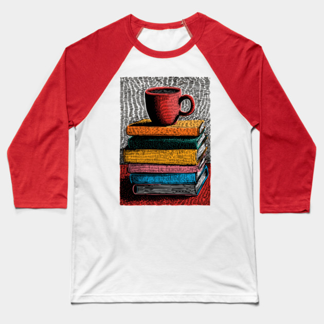 Books and Coffee | Cozy Reader Woodcut Illustration Baseball T-Shirt by TuncGK
