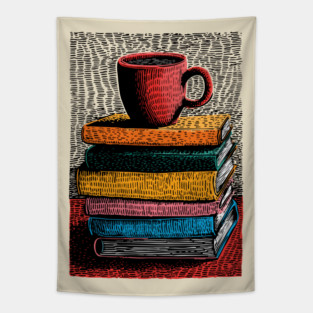 Books and Coffee | Cozy Reader Woodcut Illustration Tapestry