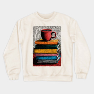 Books and Coffee | Cozy Reader Woodcut Illustration Crewneck Sweatshirt