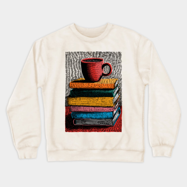 Books and Coffee | Cozy Reader Woodcut Illustration Crewneck Sweatshirt by TuncGK