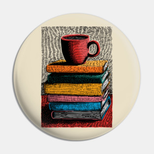 Books and Coffee | Cozy Reader Woodcut Illustration Pin