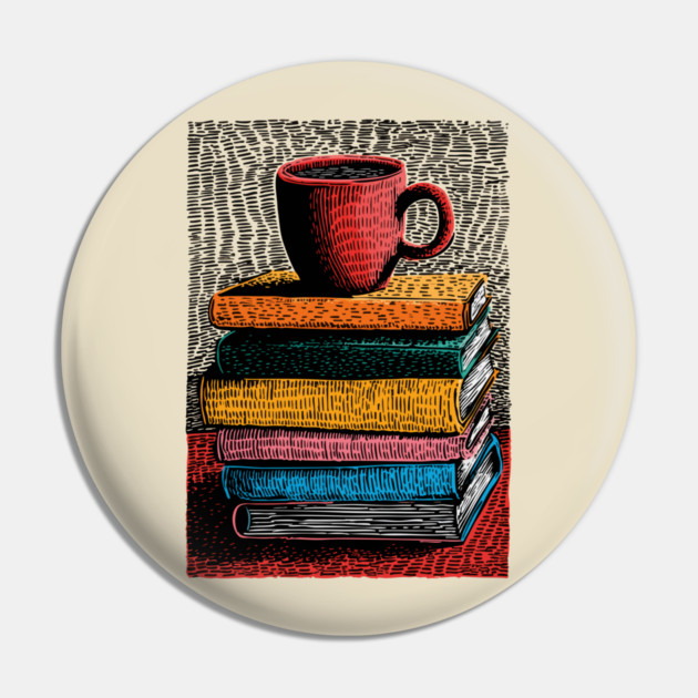 Books and Coffee | Cozy Reader Woodcut Illustration Pin by TuncGK