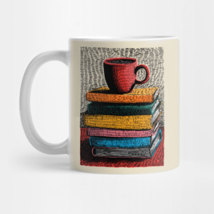 Books and Coffee | Cozy Reader Woodcut Illustration Mug