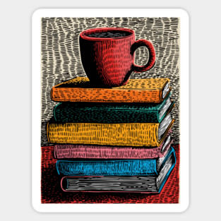 Books and Coffee | Cozy Reader Woodcut Illustration Sticker