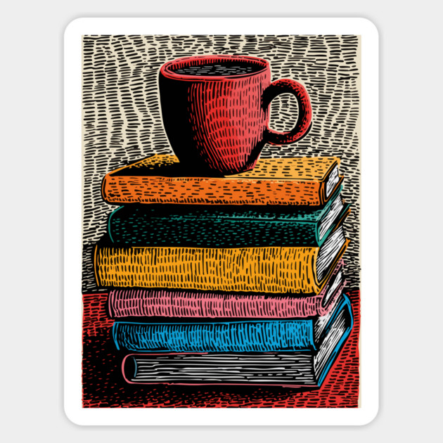 Books and Coffee | Cozy Reader Woodcut Illustration Magnet by TuncGK