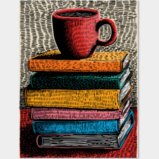 Books and Coffee | Cozy Reader Woodcut Illustration Posters and Art