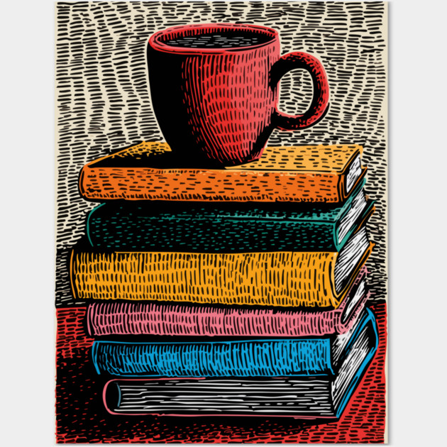 Books and Coffee | Cozy Reader Woodcut Illustration Wall Art by TuncGK