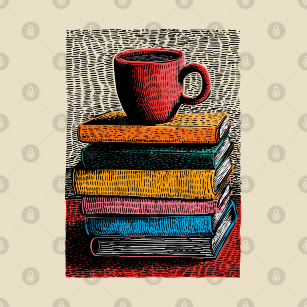 Books and Coffee | Cozy Reader Woodcut Illustration by TuncGK