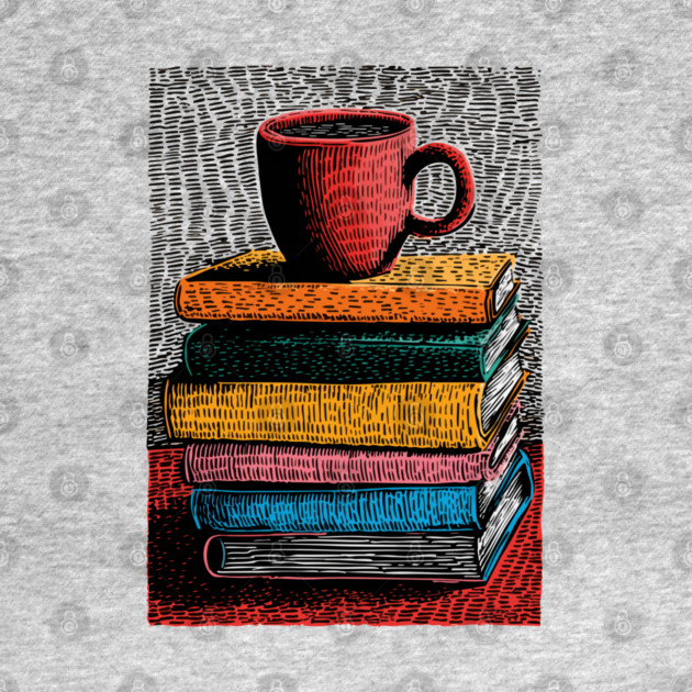 Books and Coffee | Cozy Reader Woodcut Illustration by TuncGK