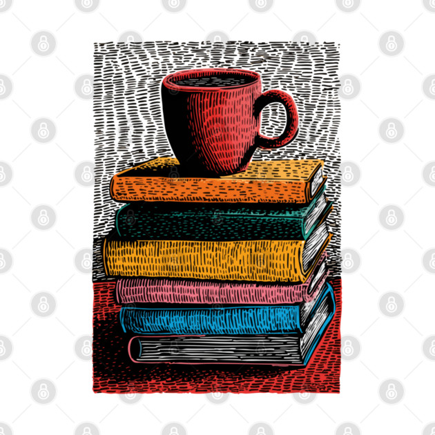 Books and Coffee | Cozy Reader Woodcut Illustration by TuncGK