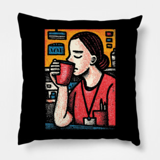 Morning Coffee Mood | Vintage Art of Nurse Drinking Pillow