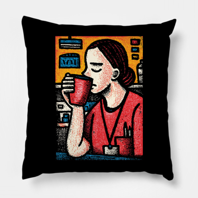 Morning Coffee Mood | Vintage Art of Nurse Drinking Pillow by TuncGK