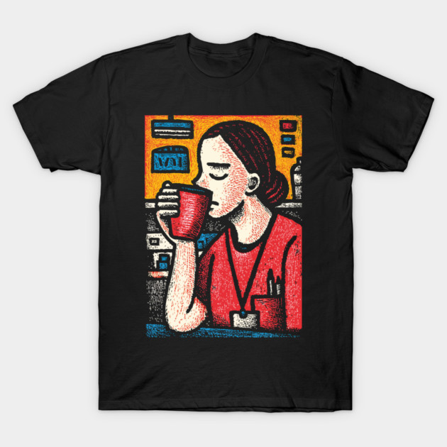 Morning Coffee Mood | Vintage Art of Nurse Drinking T-Shirt by TuncGK