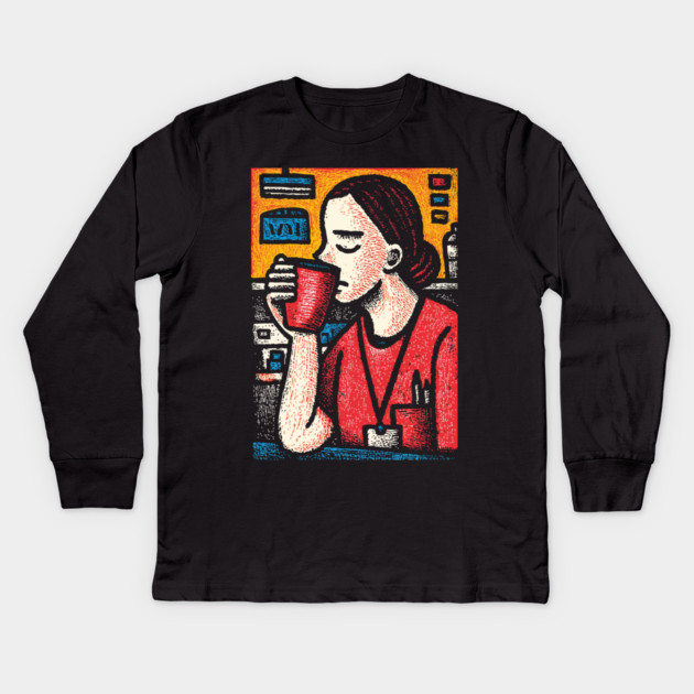 Morning Coffee Mood | Vintage Art of Nurse Drinking Kids Long Sleeve T-Shirt by TuncGK