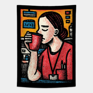 Morning Coffee Mood | Vintage Art of Nurse Drinking Tapestry