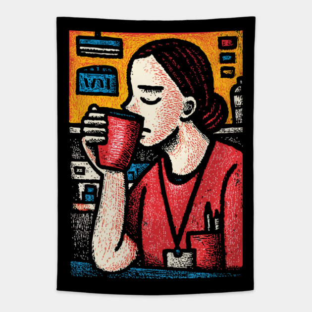 Morning Coffee Mood | Vintage Art of Nurse Drinking Tapestry by TuncGK