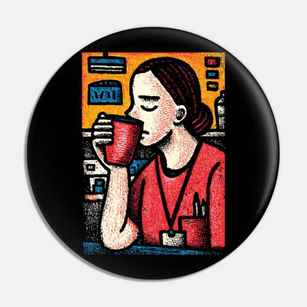 Morning Coffee Mood | Vintage Art of Nurse Drinking Pin by TuncGK