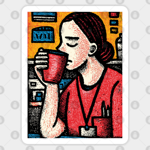 Morning Coffee Mood | Vintage Art of Nurse Drinking Sticker by TuncGK