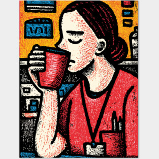 Morning Coffee Mood | Vintage Art of Nurse Drinking Posters and Art