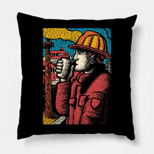 Vintage Firefighter Coffee Break | Woodcut Style Hero Pillow