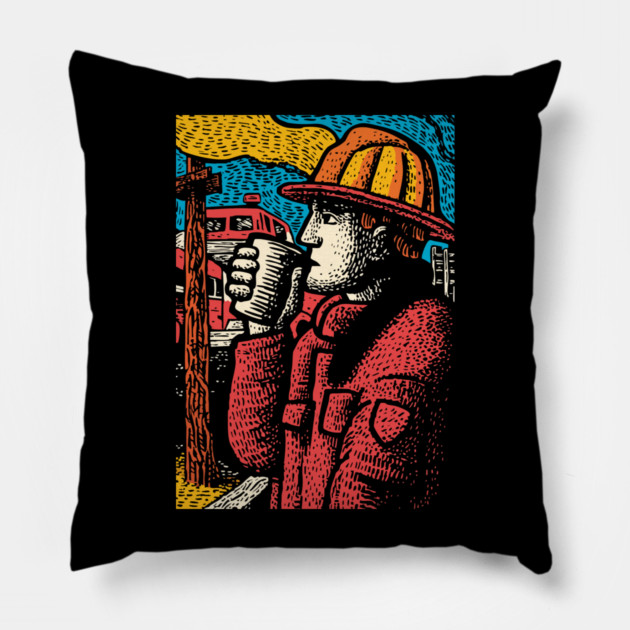 Vintage Firefighter Coffee Break | Woodcut Style Hero Pillow by TuncGK