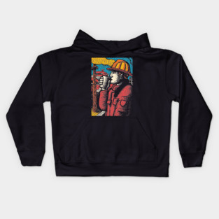 Vintage Firefighter Coffee Break | Woodcut Style Hero Kids Hoodie