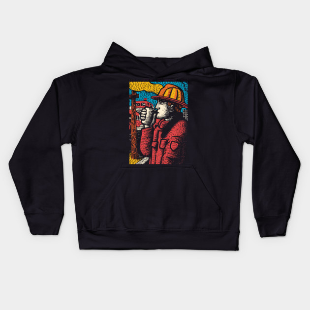 Vintage Firefighter Coffee Break | Woodcut Style Hero Kids Hoodie by TuncGK