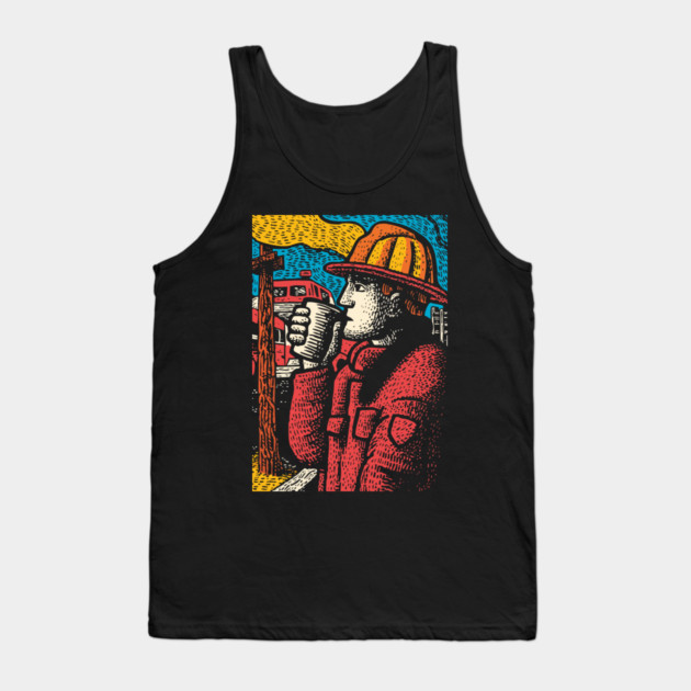 Vintage Firefighter Coffee Break | Woodcut Style Hero Tank Top by TuncGK
