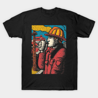 Vintage Firefighter Coffee Break | Woodcut Style Hero T-Shirt