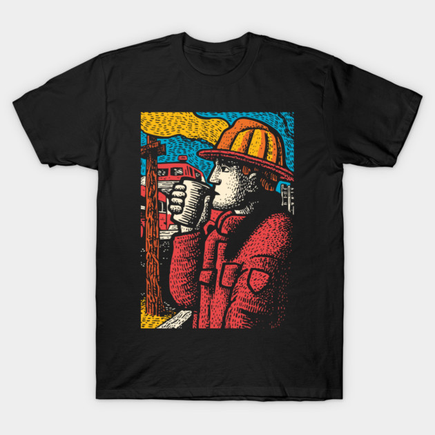 Vintage Firefighter Coffee Break | Woodcut Style Hero T-Shirt by TuncGK