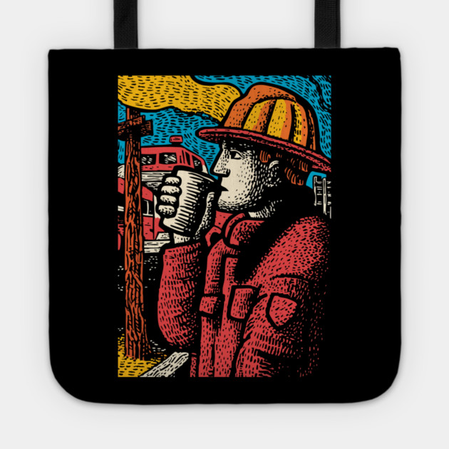 Vintage Firefighter Coffee Break | Woodcut Style Hero Tote by TuncGK