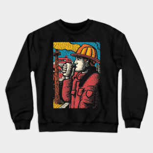 Vintage Firefighter Coffee Break | Woodcut Style Hero Crewneck Sweatshirt