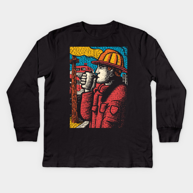 Vintage Firefighter Coffee Break | Woodcut Style Hero Kids Long Sleeve T-Shirt by TuncGK