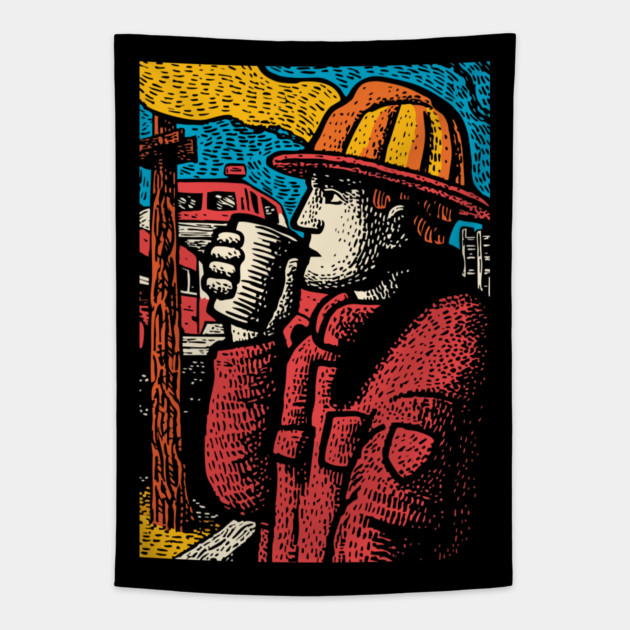 Vintage Firefighter Coffee Break | Woodcut Style Hero Tapestry by TuncGK