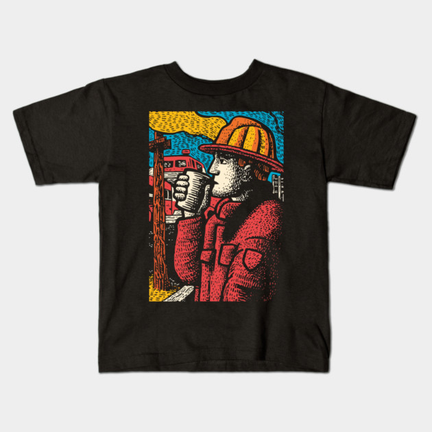Vintage Firefighter Coffee Break | Woodcut Style Hero Kids T-Shirt by TuncGK