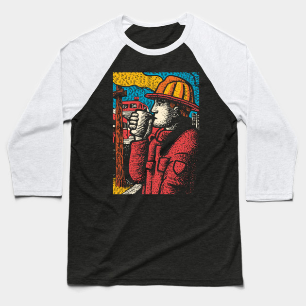 Vintage Firefighter Coffee Break | Woodcut Style Hero Baseball T-Shirt by TuncGK