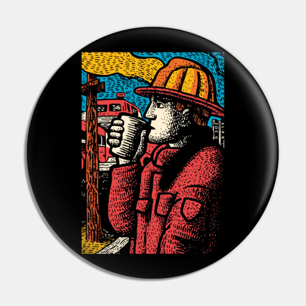 Vintage Firefighter Coffee Break | Woodcut Style Hero Pin by TuncGK