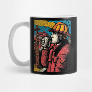 Vintage Firefighter Coffee Break | Woodcut Style Hero Mug