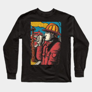 Vintage Firefighter Coffee Break | Woodcut Style Hero Long Sleeve T-Shirt