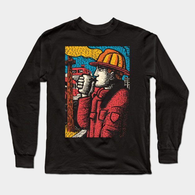 Vintage Firefighter Coffee Break | Woodcut Style Hero Long Sleeve T-Shirt by TuncGK