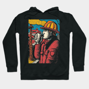 Vintage Firefighter Coffee Break | Woodcut Style Hero Hoodie