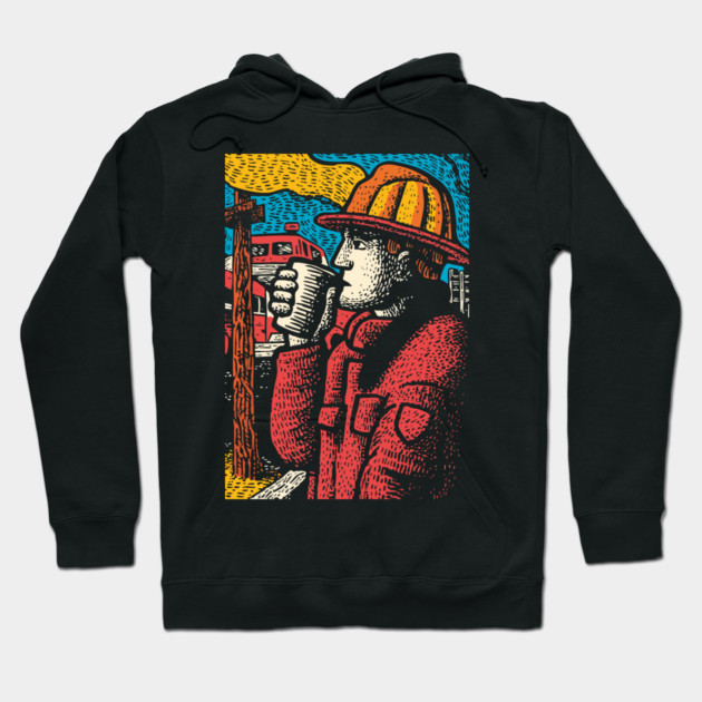 Vintage Firefighter Coffee Break | Woodcut Style Hero Hoodie by TuncGK