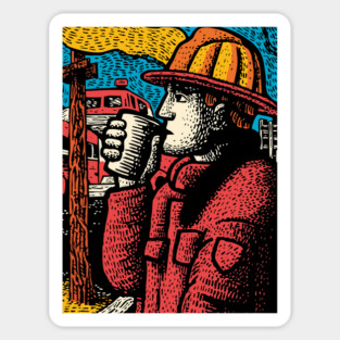 Vintage Firefighter Coffee Break | Woodcut Style Hero Magnet