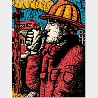 Vintage Firefighter Coffee Break | Woodcut Style Hero Posters and Art