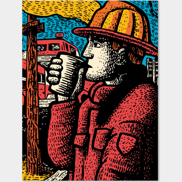 Vintage Firefighter Coffee Break | Woodcut Style Hero Wall Art by TuncGK
