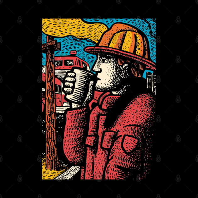 Vintage Firefighter Coffee Break | Woodcut Style Hero by TuncGK