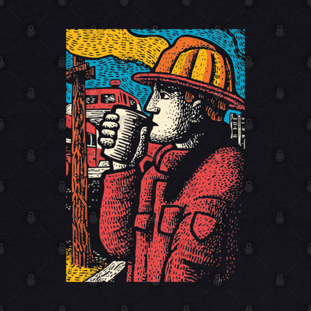 Vintage Firefighter Coffee Break | Woodcut Style Hero by TuncGK