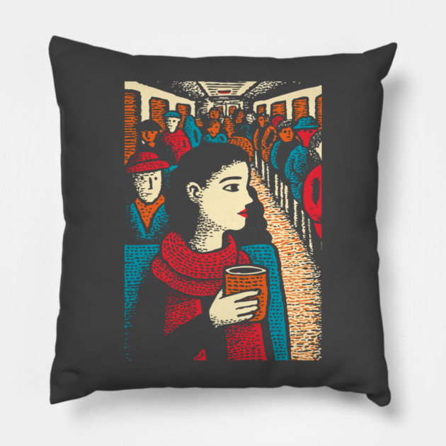 City Commuter | Woman on Subway Vintage Illustration Pillow by TuncGK